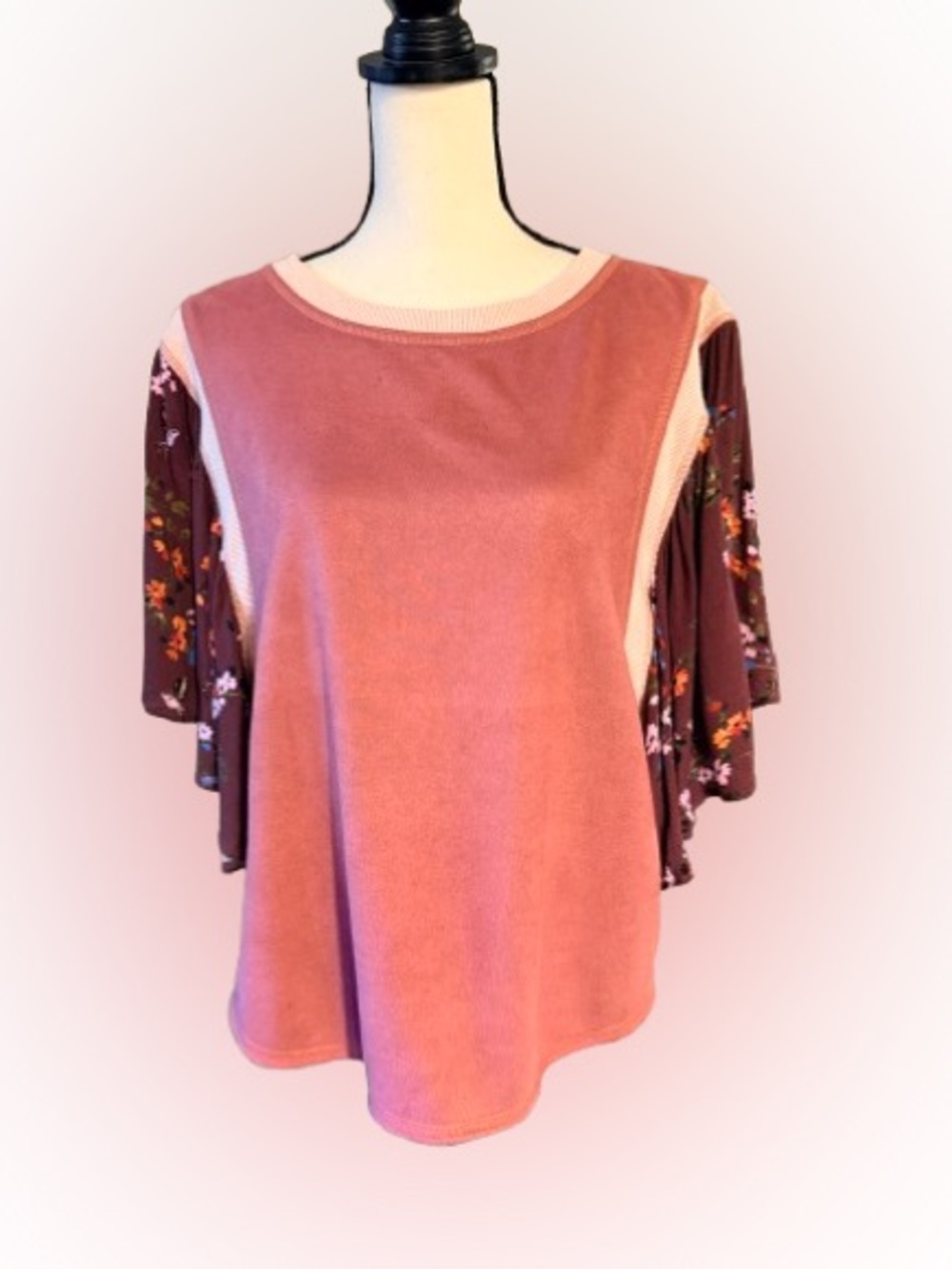 Ivy Jane Floral Flutter Sleeve Mixed Media Top S/M Dusty Rose Boho